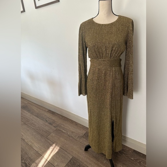 Designer Lenna Dress Gold  Metallic Cut-out Maxi M/L NWOT - Picture 2 of 16